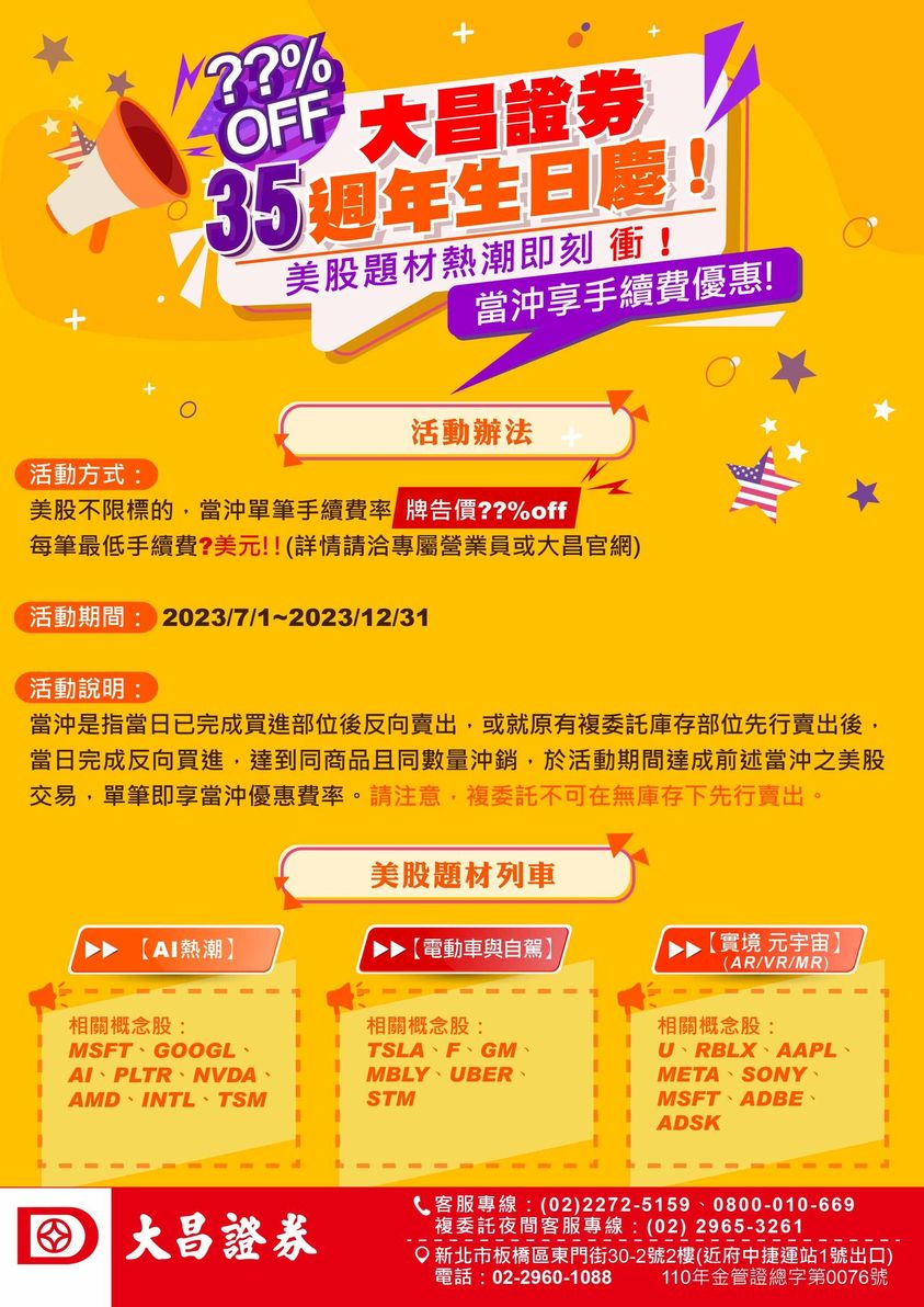 📣大昌證券35週年慶】 美股不限標的，當沖享手續費率優惠！ (複委託優惠價~大昌劉澤慧) | 美股| 鉅亨號| Anue鉅亨