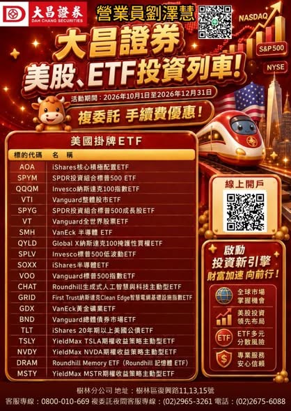 【美股與ETF標的】2026年10月美股標的手續費優惠活動開跑了~ (複委託優惠價~大昌劉澤慧)